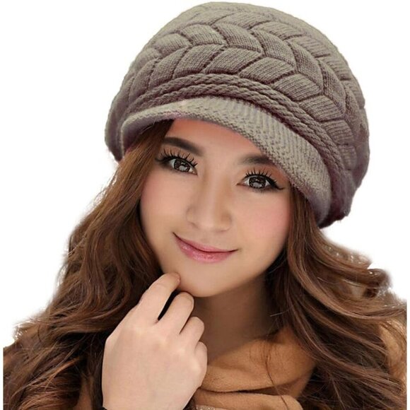 〽️Women’s Coffe Winter Warm Knit Wool Snow Ski Hat with Visor main image 4